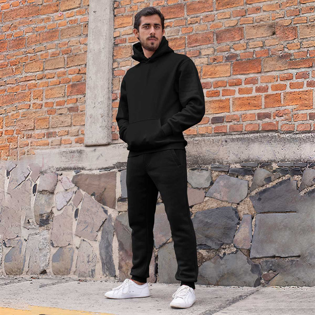 Men Black Plain Cord Set Jogger Hoodie - Main Image