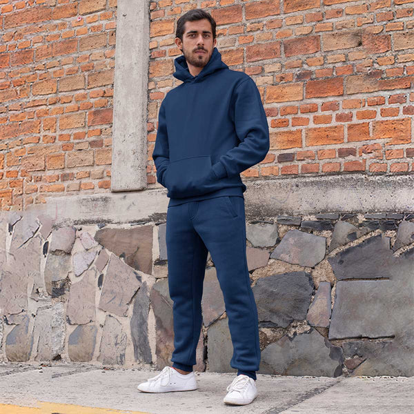 Men Plain Navy Blue Cord Set Jogger Hoodie